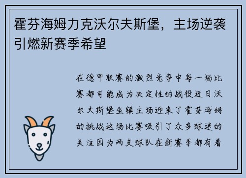 霍芬海姆力克沃尔夫斯堡，主场逆袭引燃新赛季希望